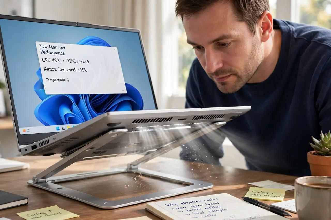 A person performing the first step: Understand why elevation helps. Most laptops breathe through the bottom. Flat on a.