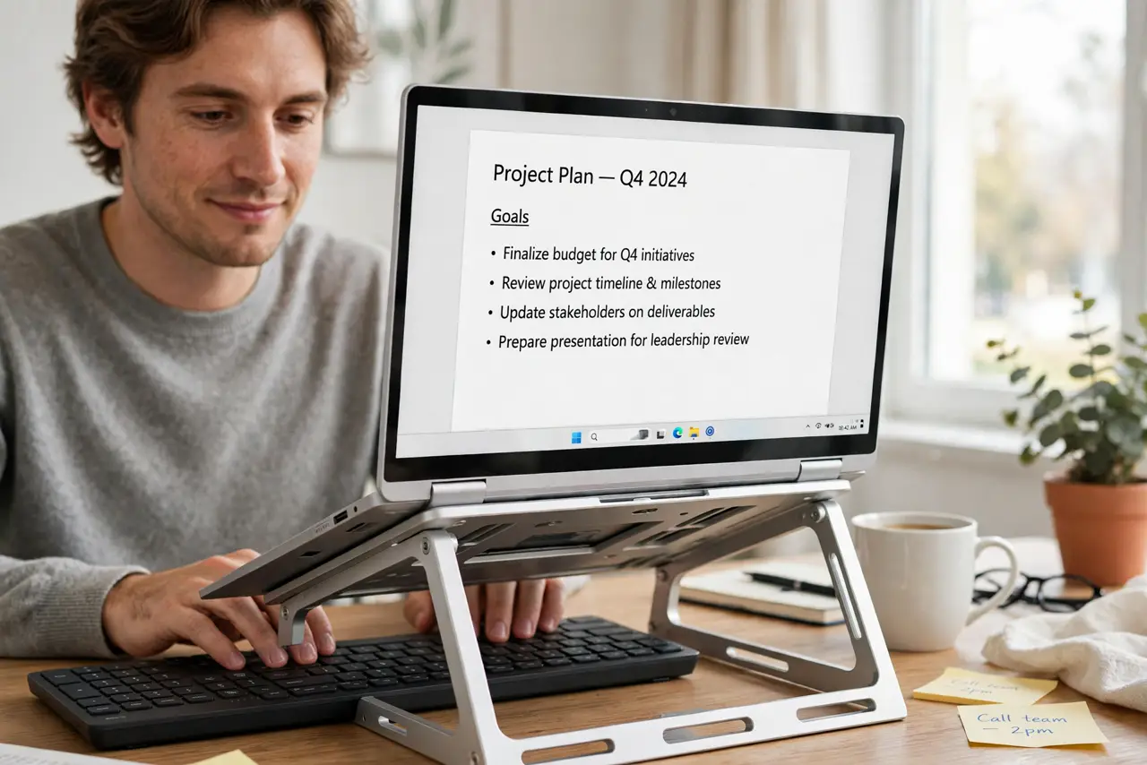 A person typing on a real laptop raised on an aluminum stand on a desk, the laptop screen showing a document legibly,