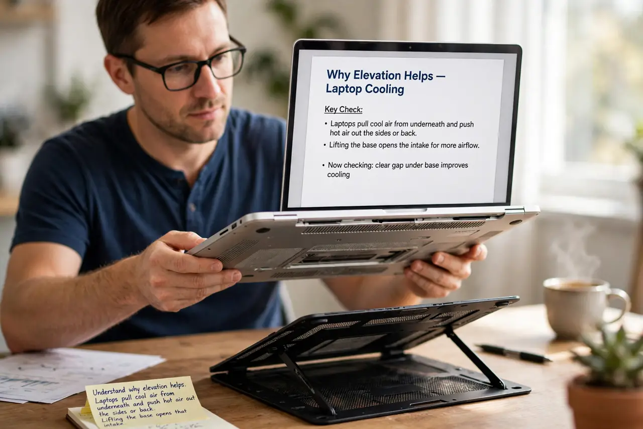 A person performing step 1 of the guide: Understand why elevation helps. Laptops pull cool air from underneath and push hot air out the sides or back. Lifting the base opens...