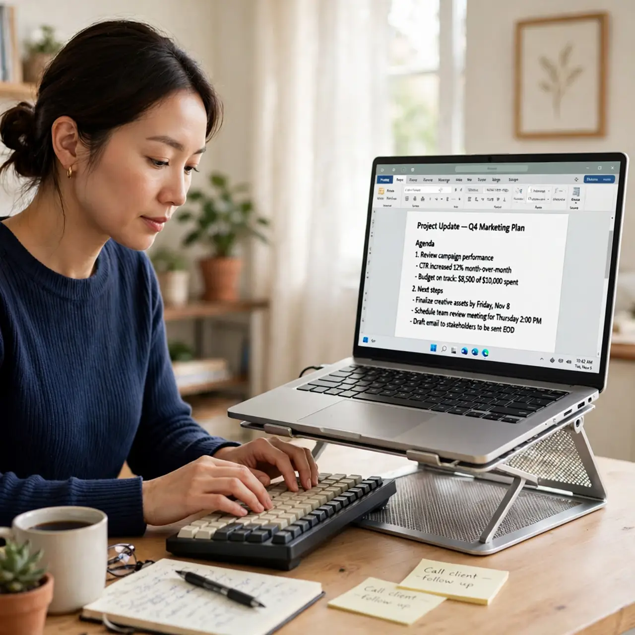 a calm adult at a desk with a real laptop raised on an open ventilated stand, the laptop screen showing a normal document with legible text, the person typing on an external keyboard