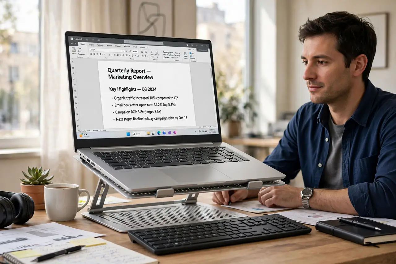 a person working at a real desk with a laptop raised on a real metal stand to eye level, an external keyboard in front, the screen showing a legible document, the person's posture upright and face comfortable.