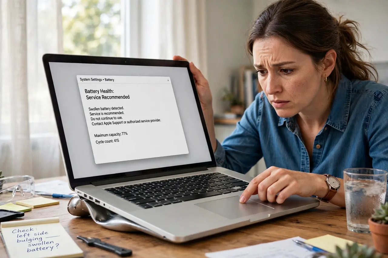 A person performing the first step: Recognize the signs. Bulging case, stiff or raised trackpad, rocking on a flat.