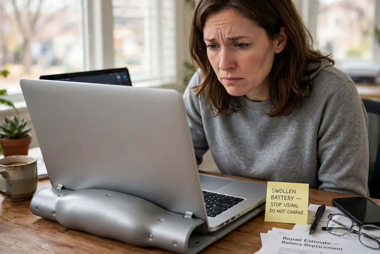 A concerned adult looking at a real laptop with a visibly bulging bottom case on a desk, the person's face worried,