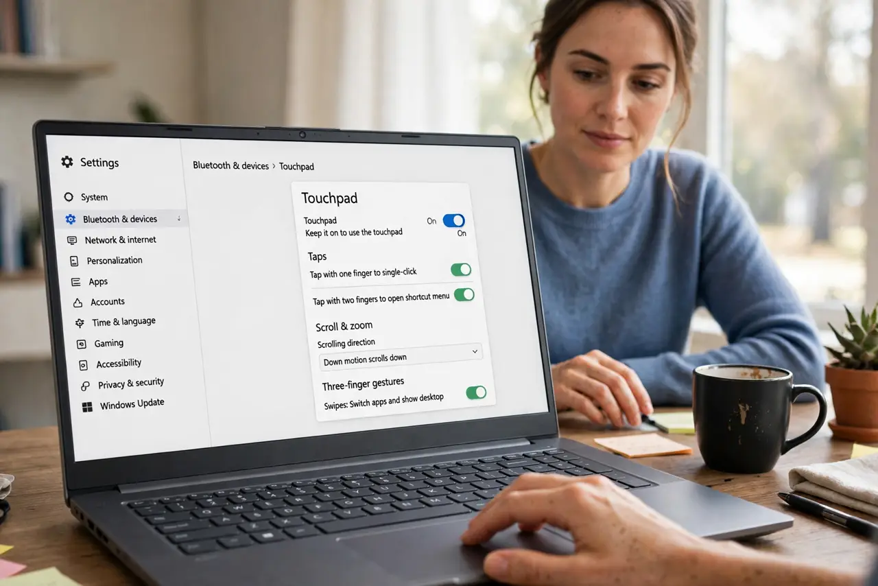 Calm adult using a Windows laptop touchpad with Windows Touchpad settings open on the screen
