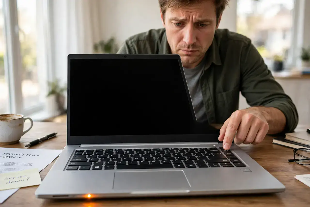 Laptop Won't Turn On but the Light Is On — a worried adult at a desk pressing the power button on a real laptop with the charging light glowing, the scre