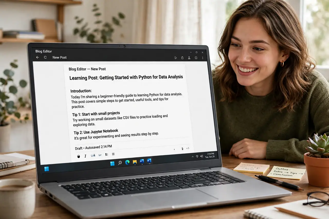 a person writing a learning post on a real laptop, the screen showing a blog editor with legible text, the person's face encouraged. No black screen, no blank white screen, no fake.