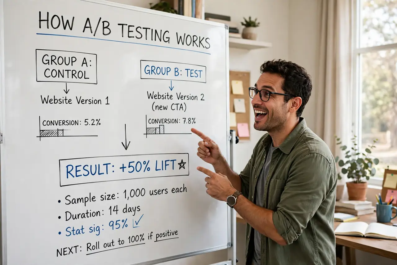a person explaining a concept on a real whiteboard with legible simple diagrams, the person's face animated and engaged, bright study room. No black screen, no blank white screen, .