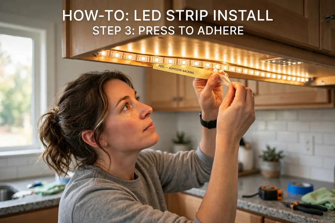 a person mounting a real LED strip under a real kitchen cabinet, the strip glowing warmly with the adhesive backing visible, the person's face focused, kitchen.