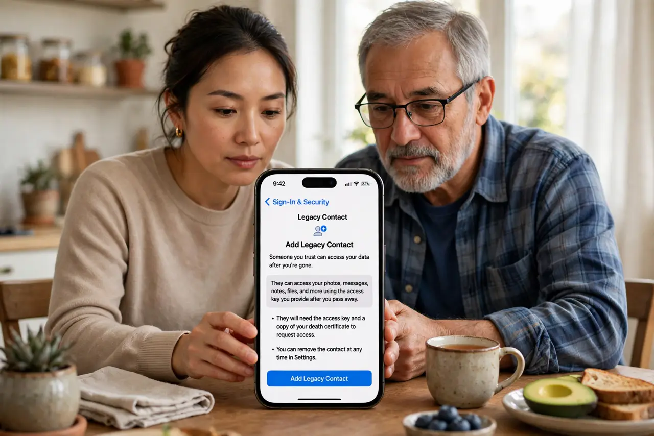a person showing a trusted family member a real iPhone with the legacy contact setup screen legible, both seated at a table, faces warm and serious, bright home setting.