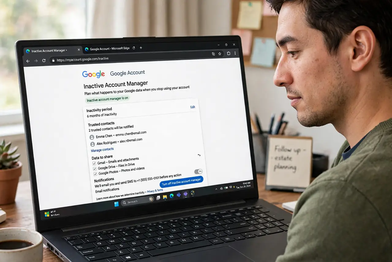 a person using a real laptop showing Google Account settings with the Inactive Account Manager page open and legible, the person's face thoughtful, home office.