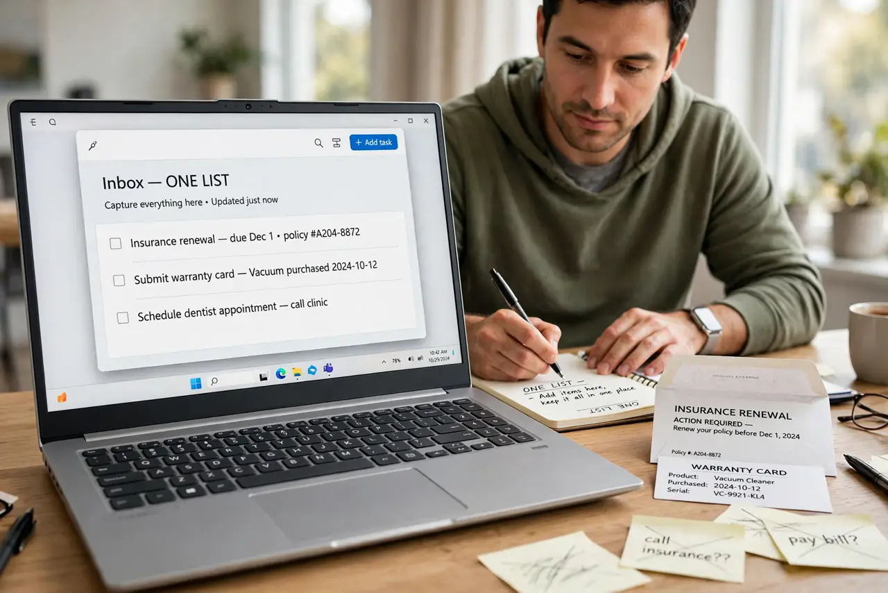 A person performing the first step of the guide: Capture everything in one inbox list. The moment a task appears — insurance renewal letter, warranty card.