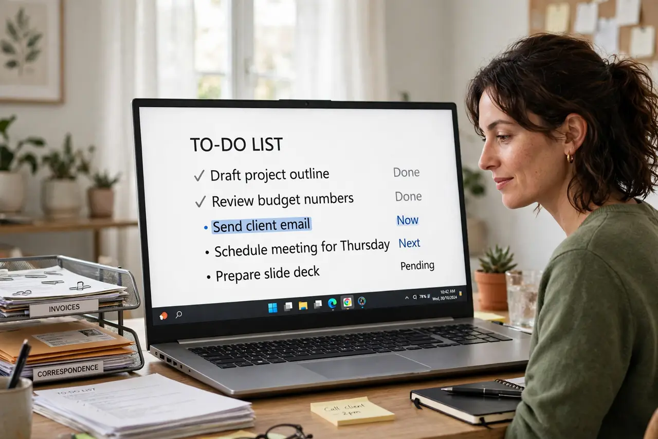 A person at a real desk with a laptop showing a legible to-do list, papers and envelopes organized in trays, the person's face relieved and focused.