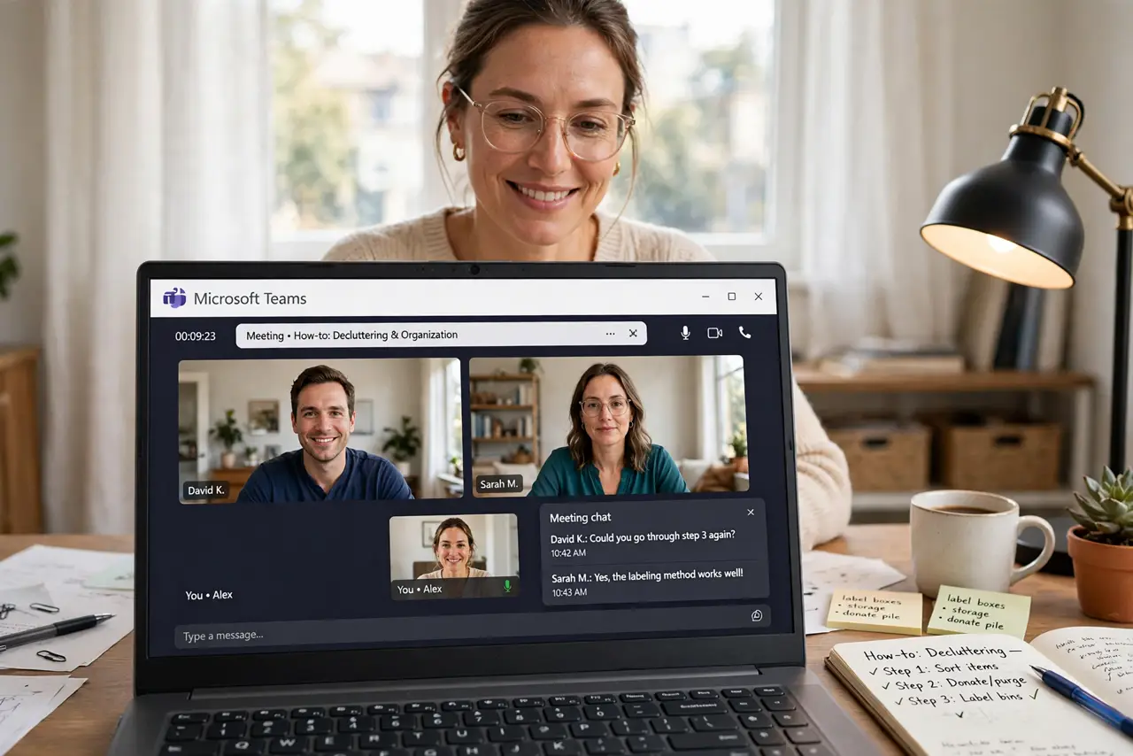 a person on a real video call shown on a real laptop screen, face brightly and evenly lit by a window in front of them, the person smiling naturally, home of...