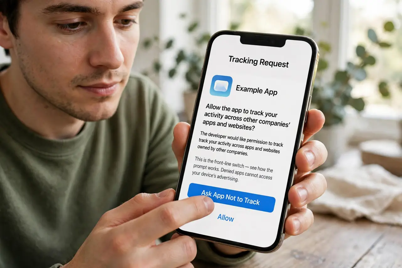 A person performing step 1: Answer the tracking prompt with 'Ask App Not to Track'. This is the front-line switch — see how the prompt wor.