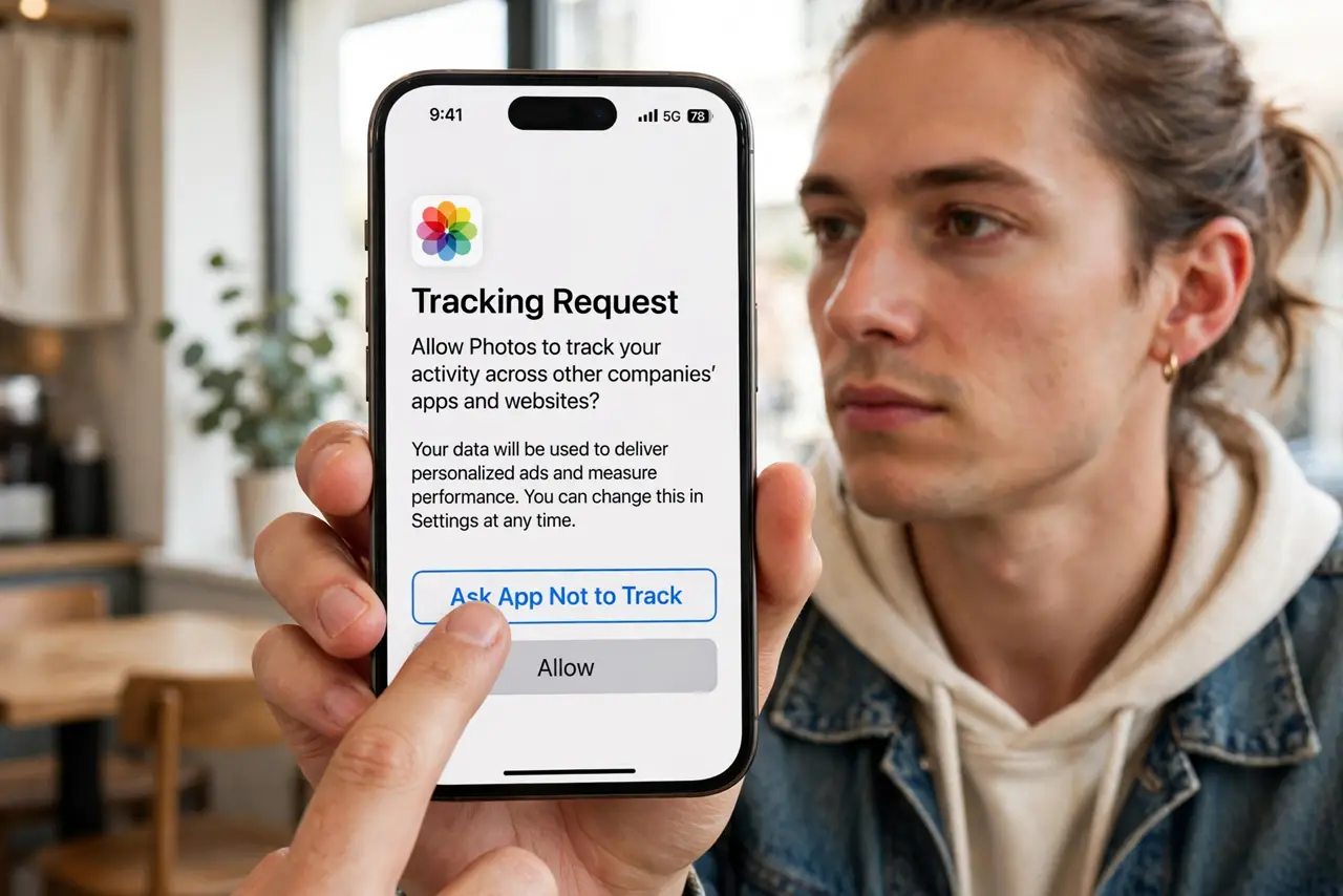 A person holding a real iPhone showing the tracking permission prompt with legible text on screen, the person's finger near the Ask App Not to Track button, the.