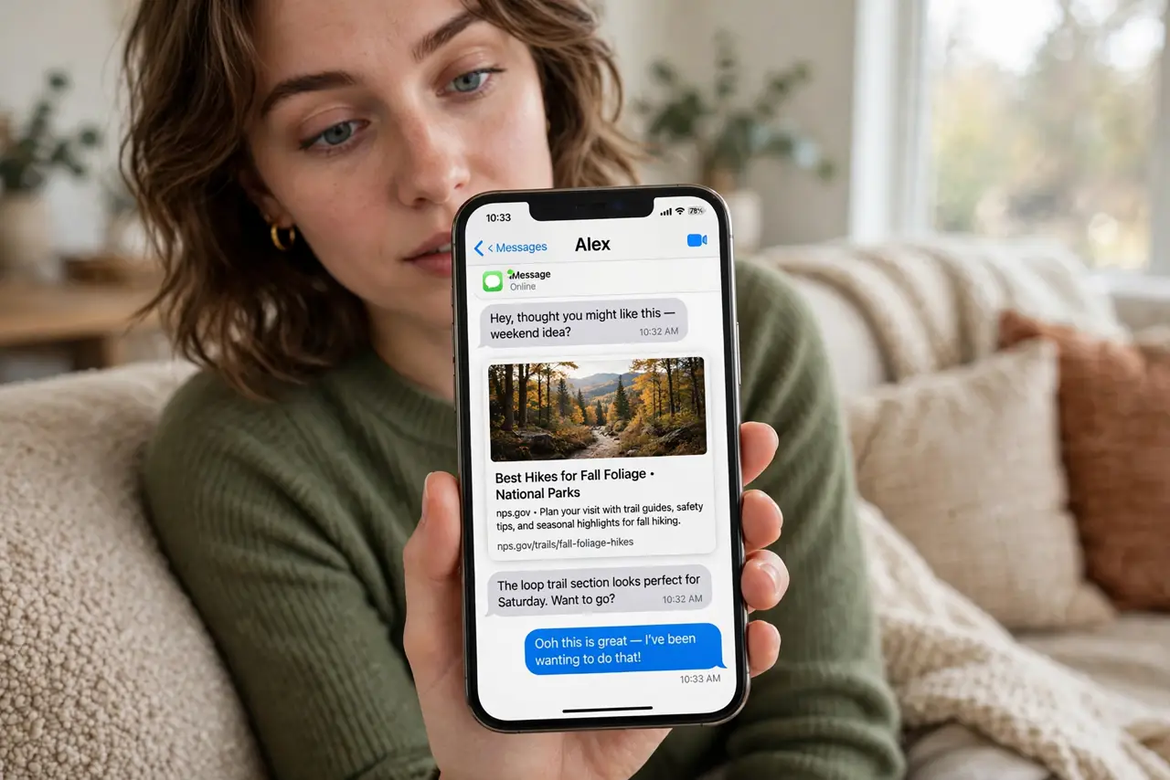 A person holding a real phone showing a chat with a link preview card legible on screen, the person's face curious,