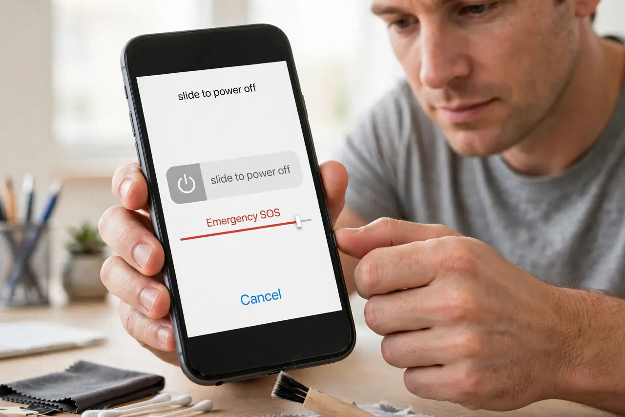 A person performing step 1: Power off the device.