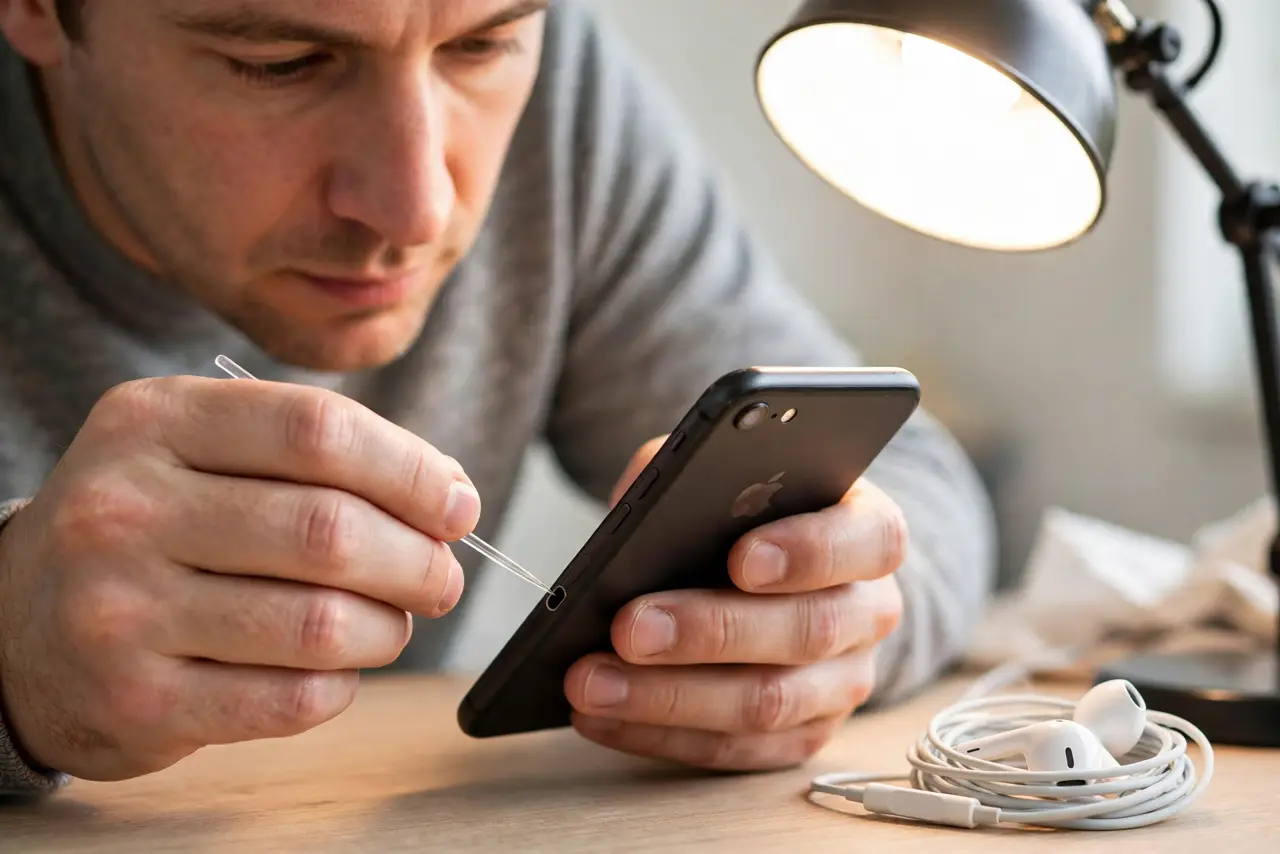 A calm adult cleaning a real phone's headphone jack with a thin plastic pick under good light, wired earbuds coiled beside the phone, focused expression.