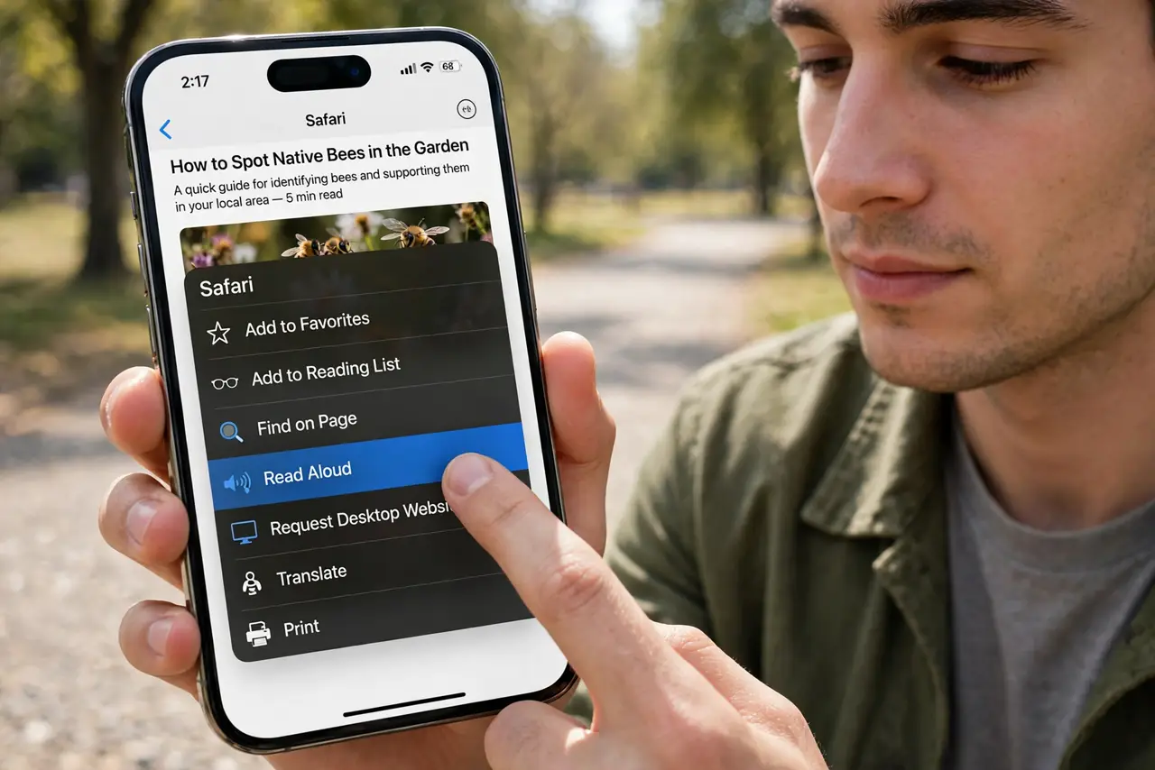 Photoreal photo of a person performing the first step: Use your browser's built-in read-aloud. Edge has Read Aloud in its menu; Safari on Mac and i...