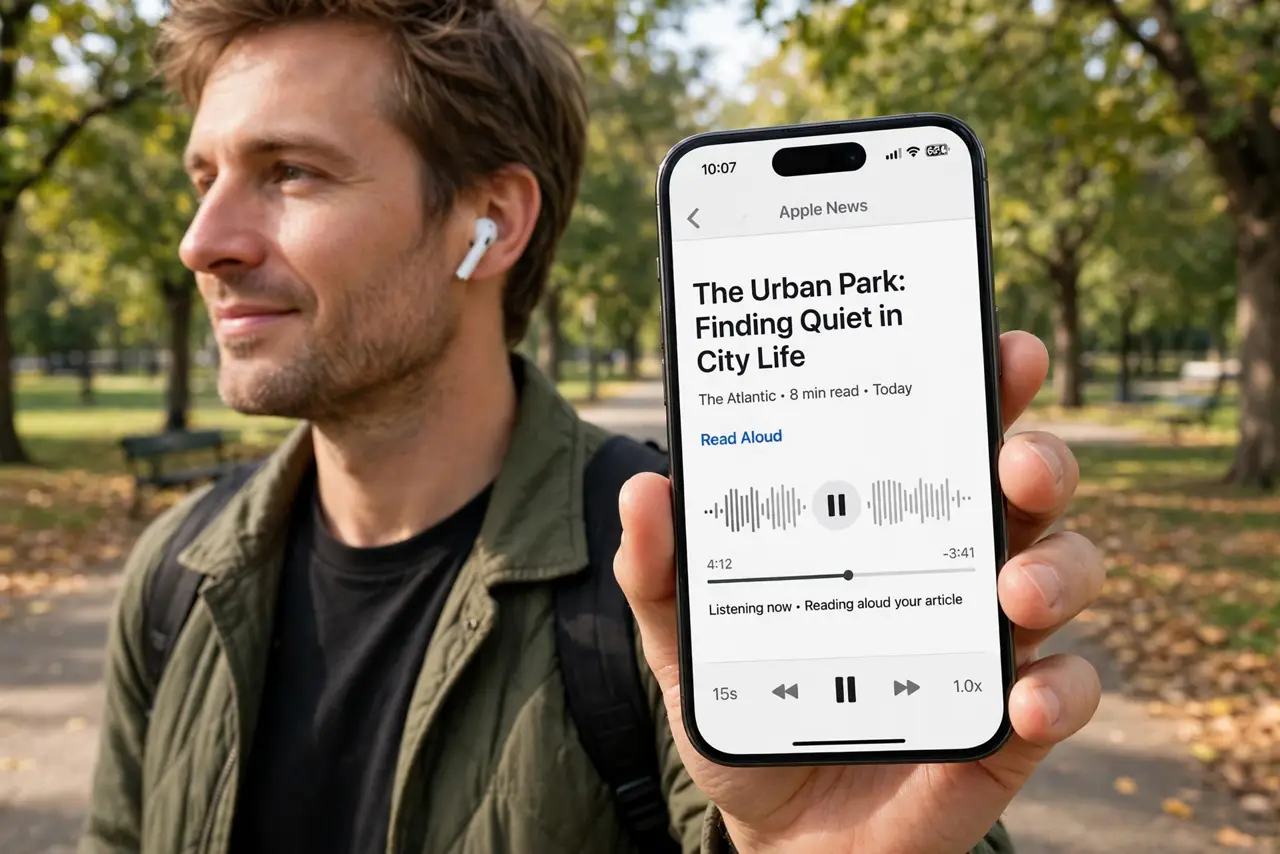 Photoreal photo: a person walking outdoors wearing real earbuds with a real phone in hand showing an article being read aloud, the person's face relaxed and content, park path. No black screen, no blank white scree...