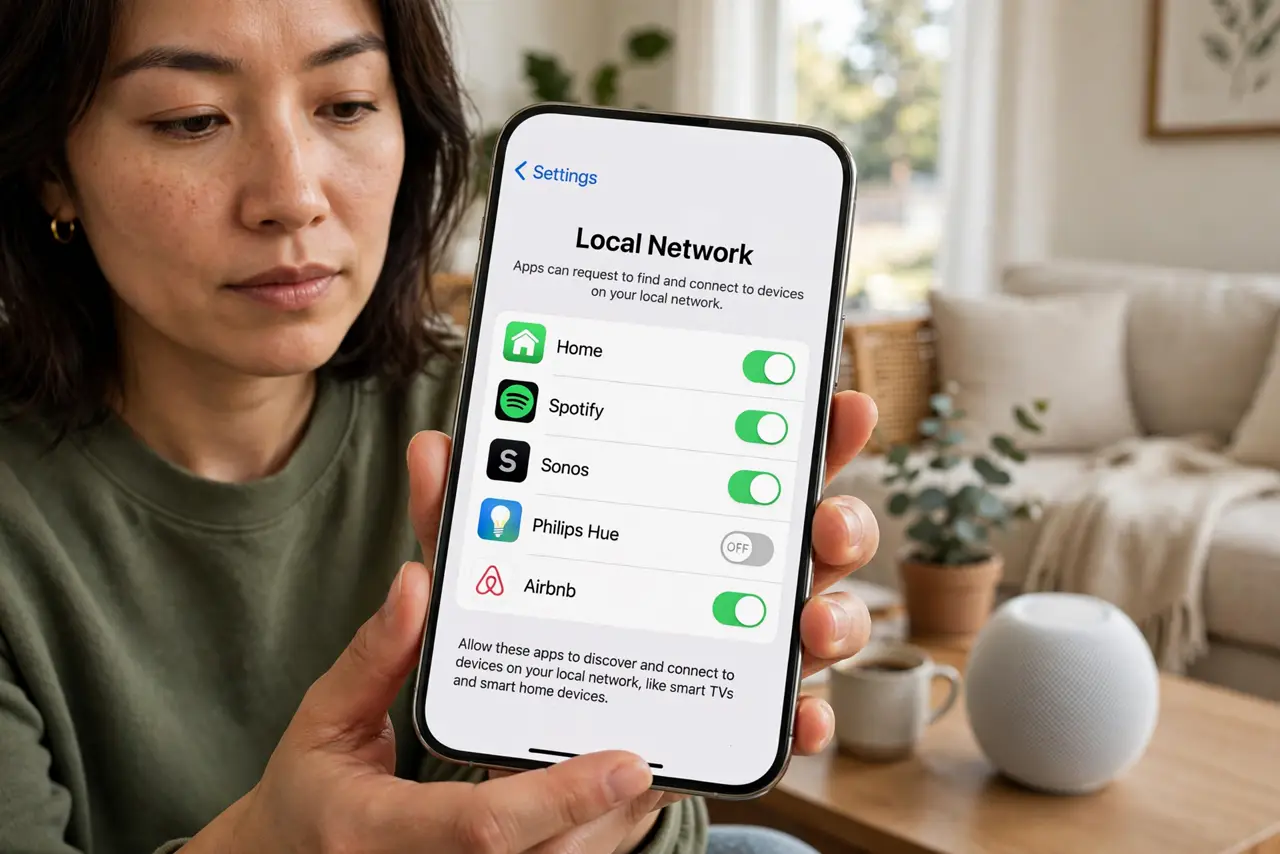 a person reviewing local network permissions on a real phone showing a legible list of apps with network access, smart speaker nearby, the person's face thoughtful, living room.
