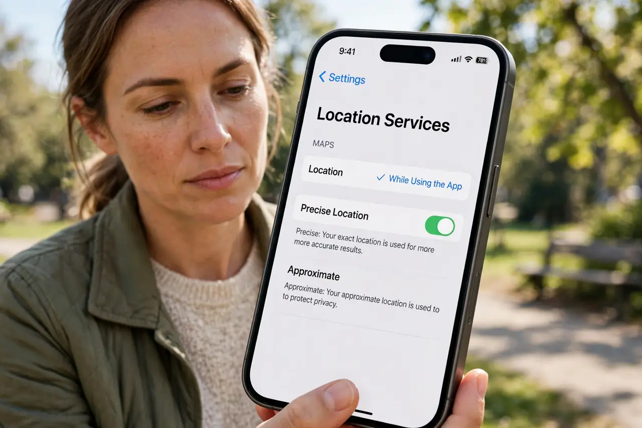 a person choosing location accuracy on a real phone settings screen showing legible Precise and Approximate options, map behind, the person's face thoughtful, outdoors.