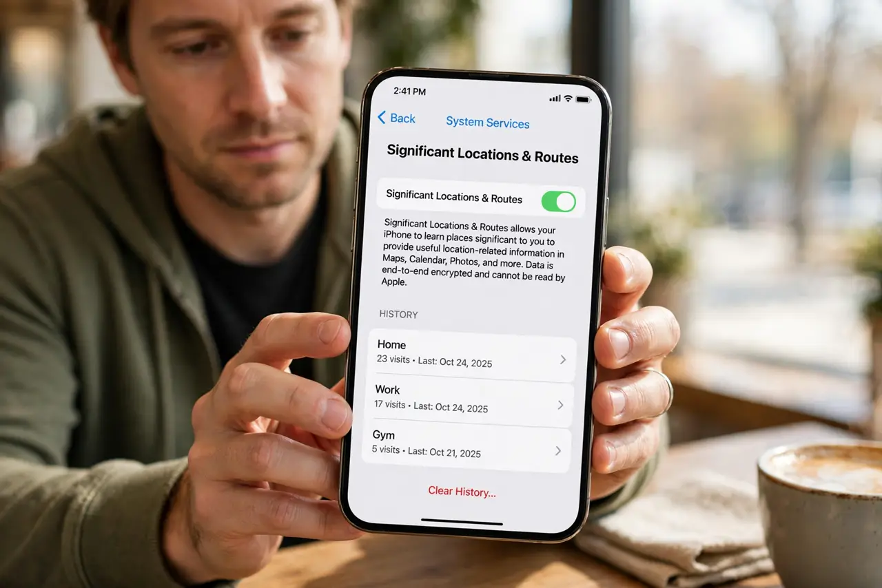 Step 1 in action for Delete Your Location History: See what is stored. On iPhone check Significant Locations; on Android open Google Maps, ta