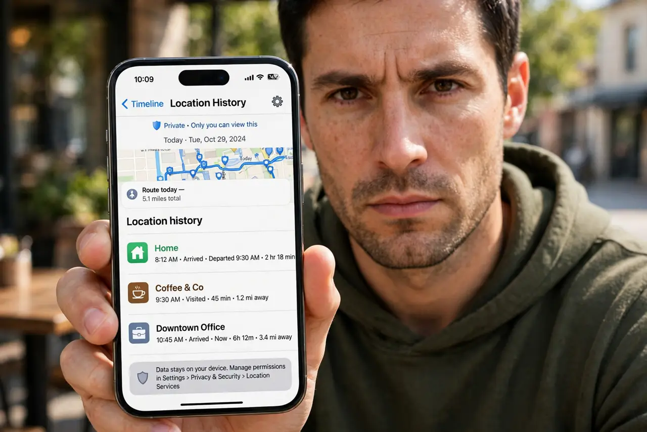Delete Your Location History — a privacy-conscious adult holding a real phone showing a map timeline with location history entries, the scree