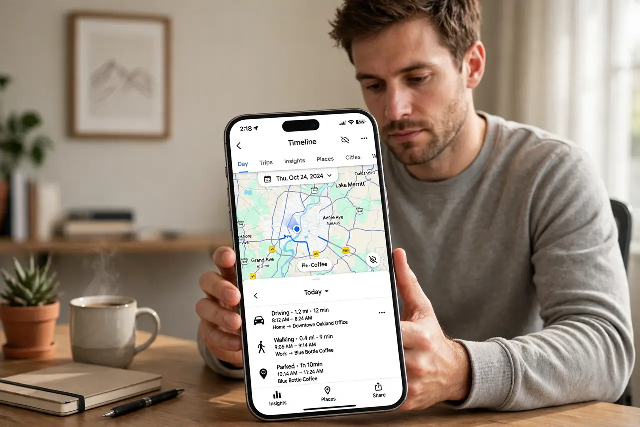 a person reviewing Google Timeline on a real phone showing a legible map with location history, the person's face thoughtful, home office. No black screen, no blank white screen, n.