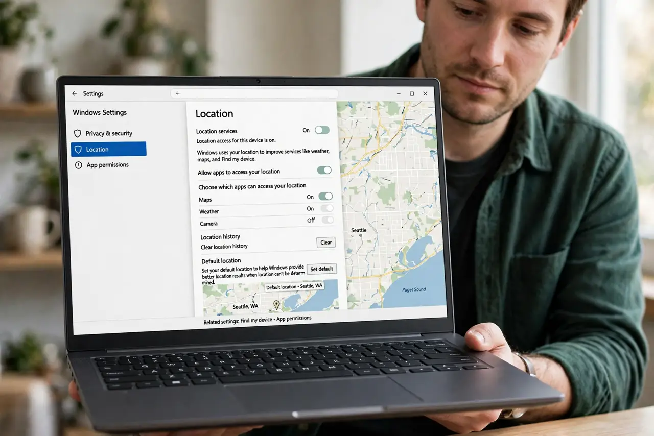 a calm adult holding a real Windows laptop showing a map, the Windows Location privacy settings screen clearly visible and legible on the real laptop screen.