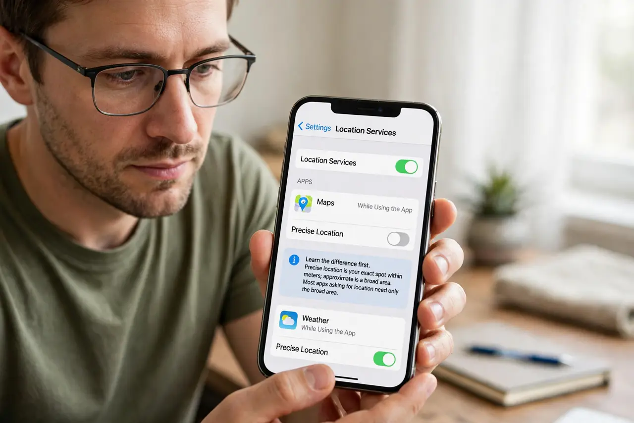 A person performing step 1 of the guide: Learn the difference first. Precise location is your exact spot within meters; approximate is a broad area. Most apps asking for...