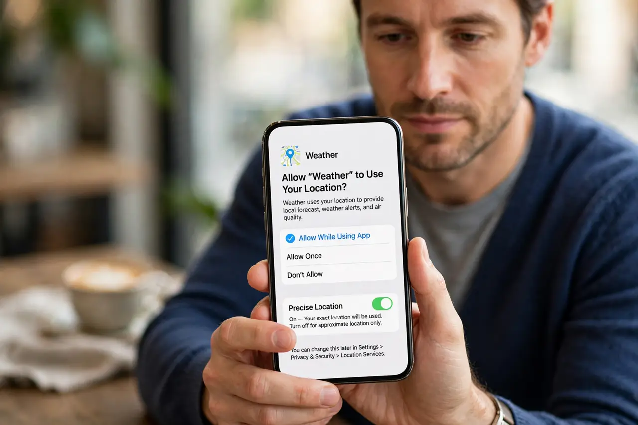 a calm adult holding a real iPhone showing a normal location permission prompt with legible precise and approximate options, the person choosing deliberately