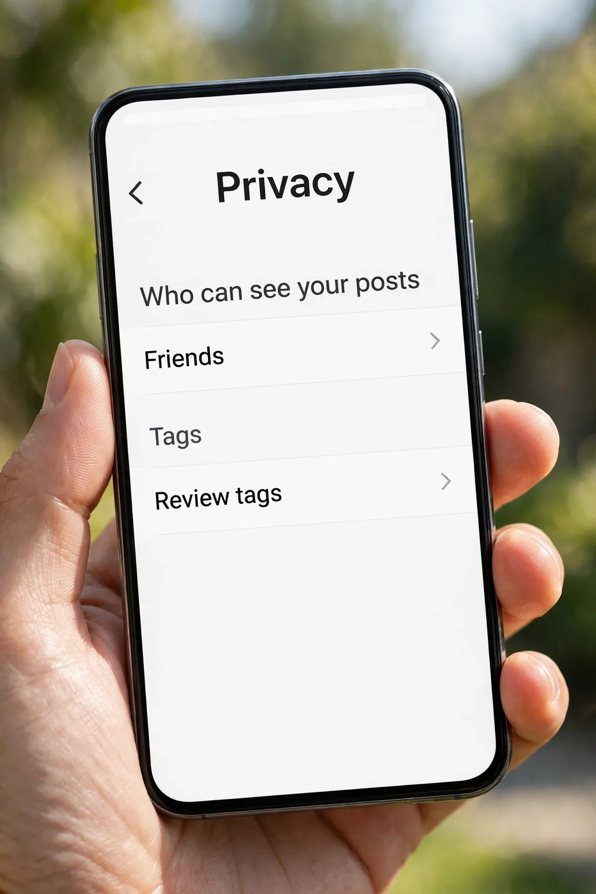 A phone showing a privacy settings screen with Who can see your posts set to Friends and Review tags listed below.