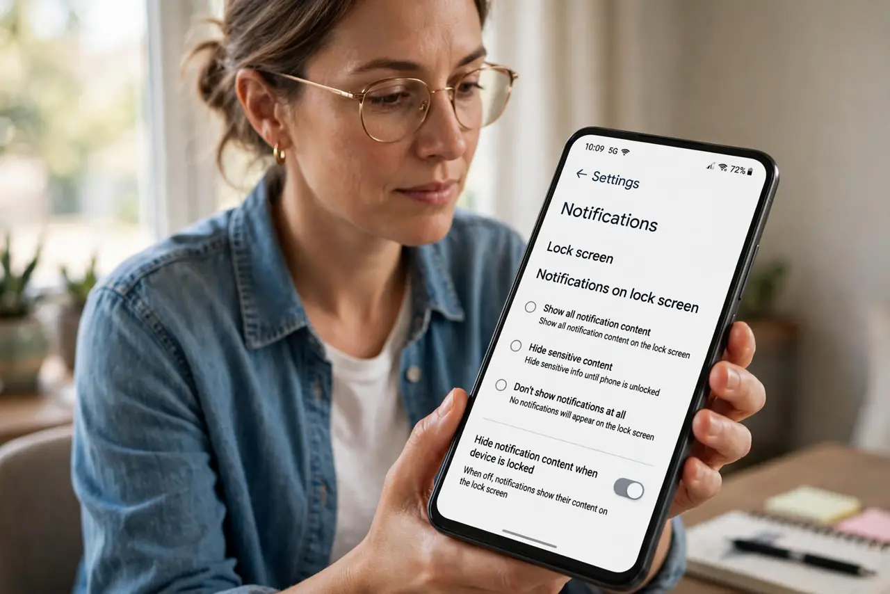 A person performing step 1 of the guide: Open the notification settings. On iPhone, go to Settings, then Notifications, then Show Previews. On Android, look under Notifications...