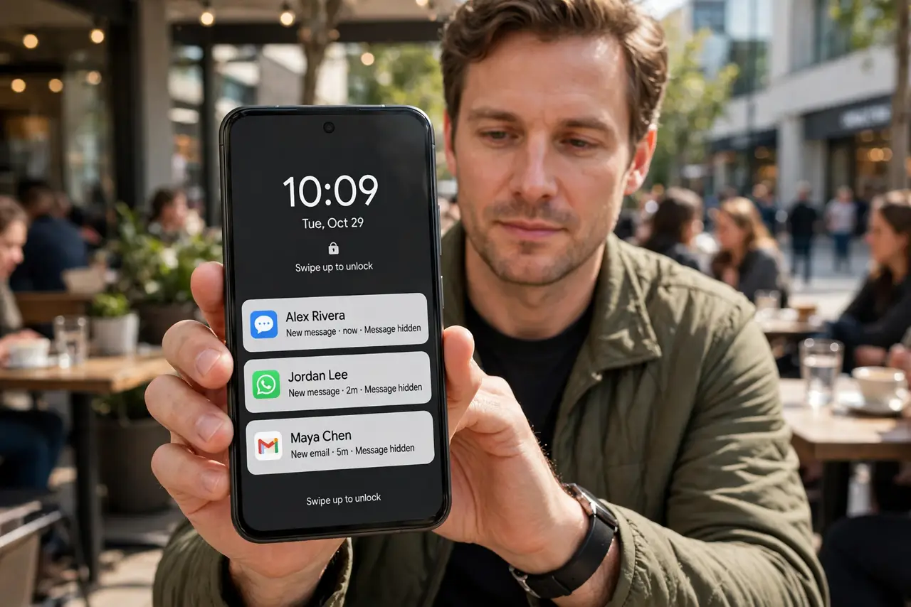 a calm adult holding a real iPhone showing a normal lock screen with notification banners that hide message content, the text showing only sender names legibly, the person in a public place