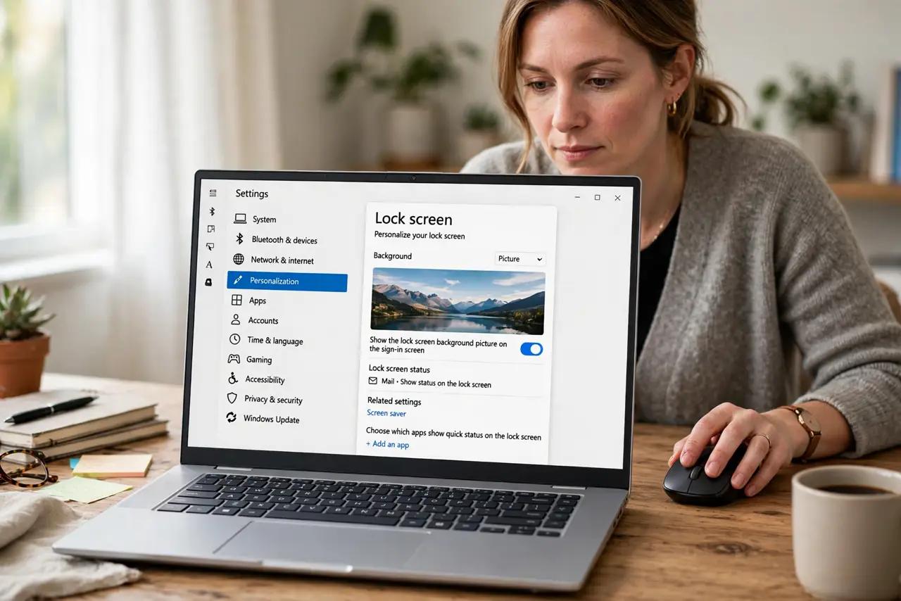 An adult opening Windows Lock screen settings.