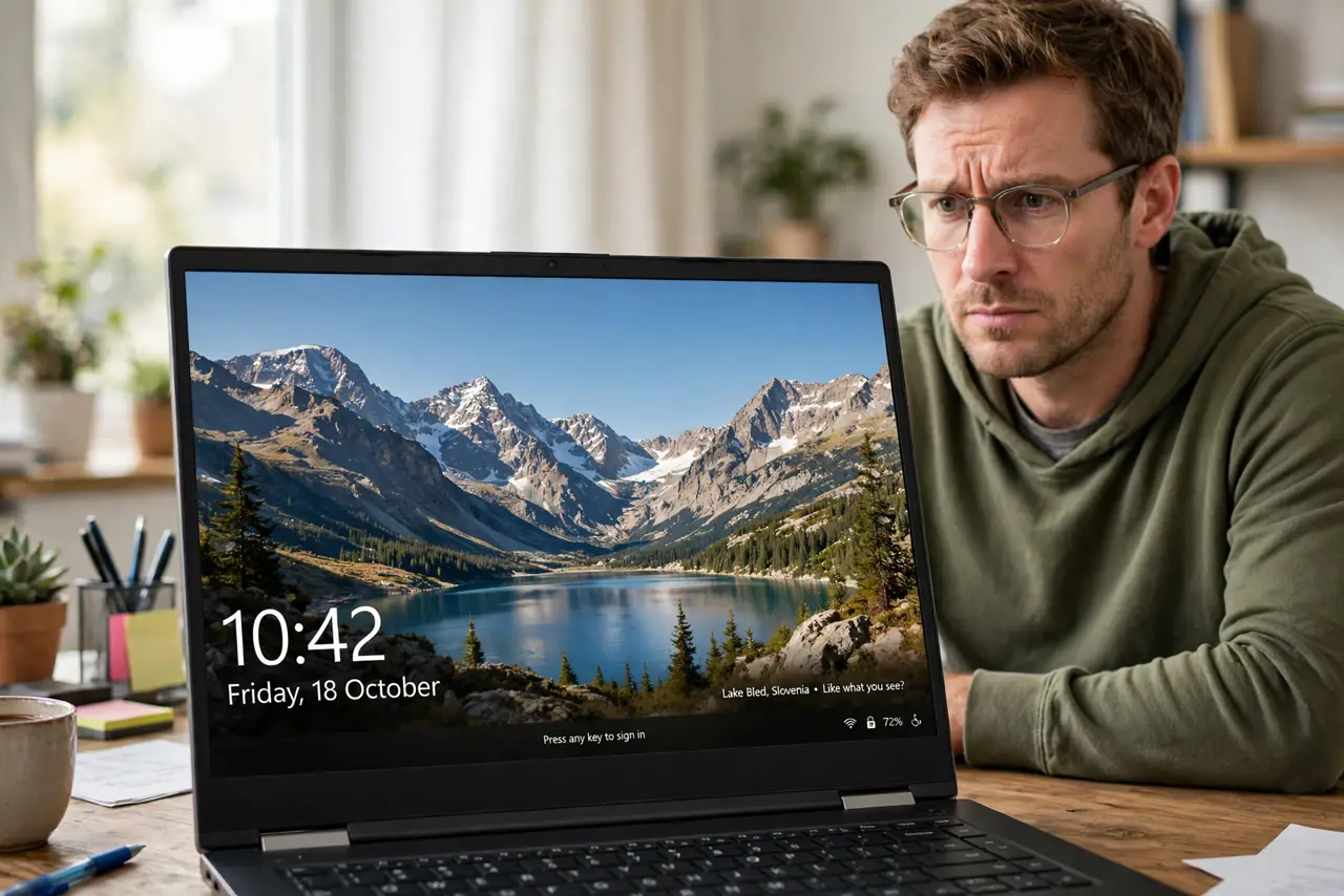 A puzzled adult looking at a Windows laptop showing an unexpected lock screen photo.