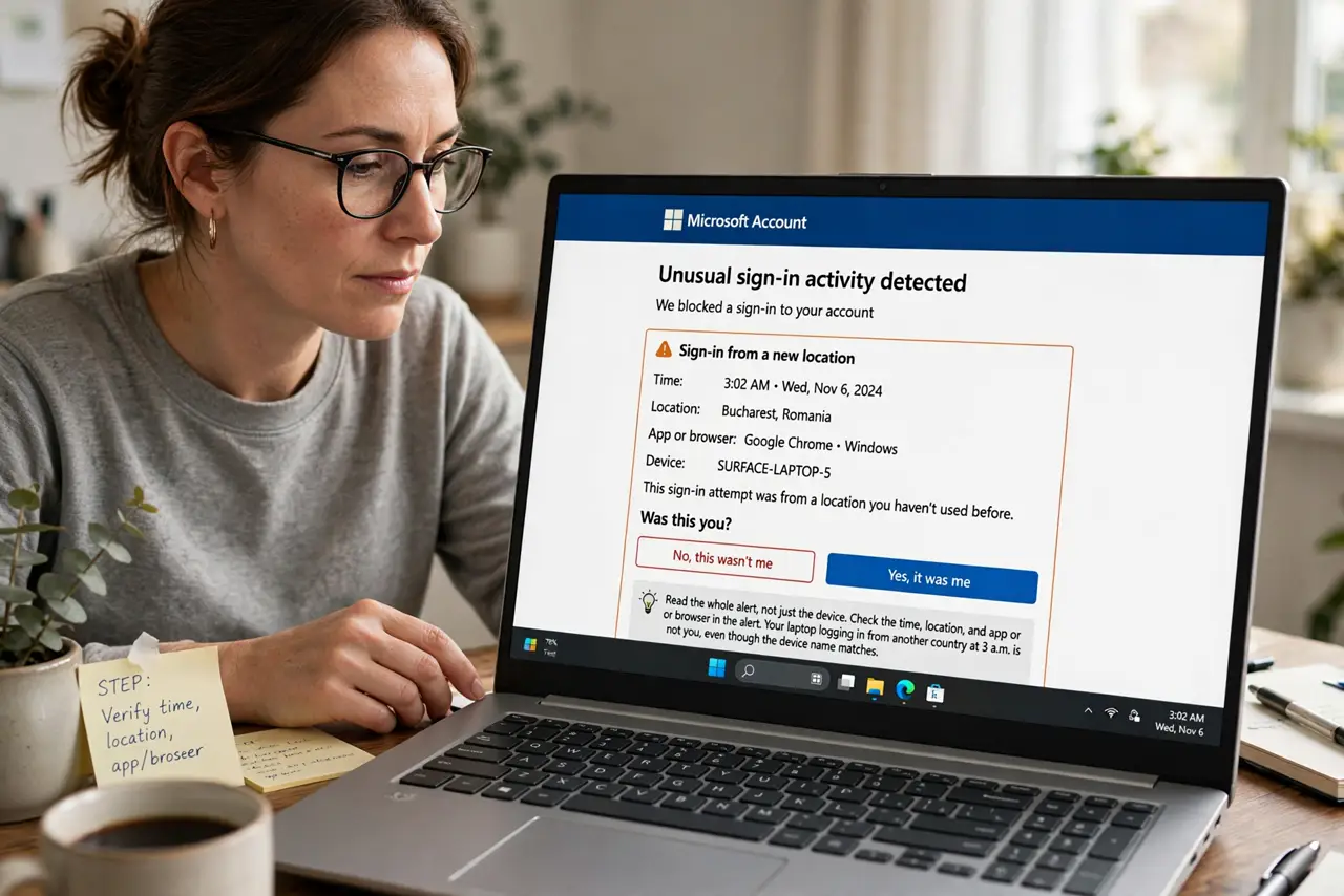 A person performing step 1 of the guide: Read the whole alert, not just the device. Check the time, location, and app or browser in the alert. Your laptop logging in from...