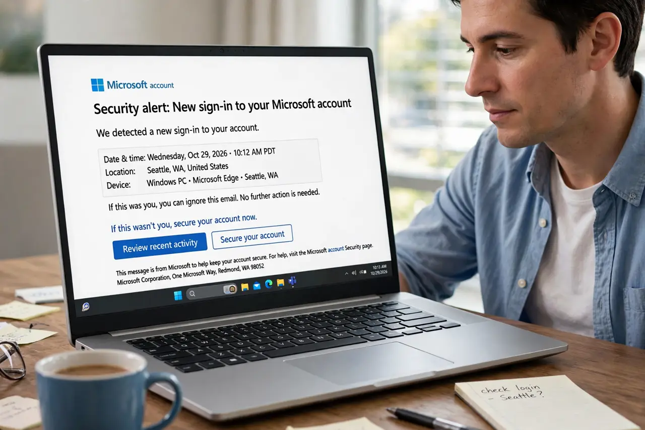a calm adult at a desk with a real laptop, the screen showing a normal security alert email about a new login with legible text, the person examining it