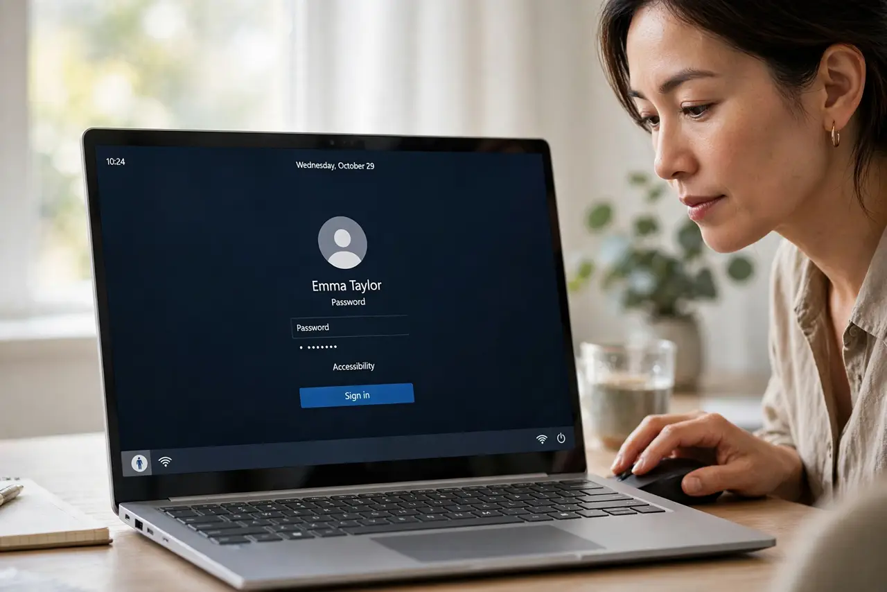 A focused woman clicking the accessibility icon on the Windows login screen.