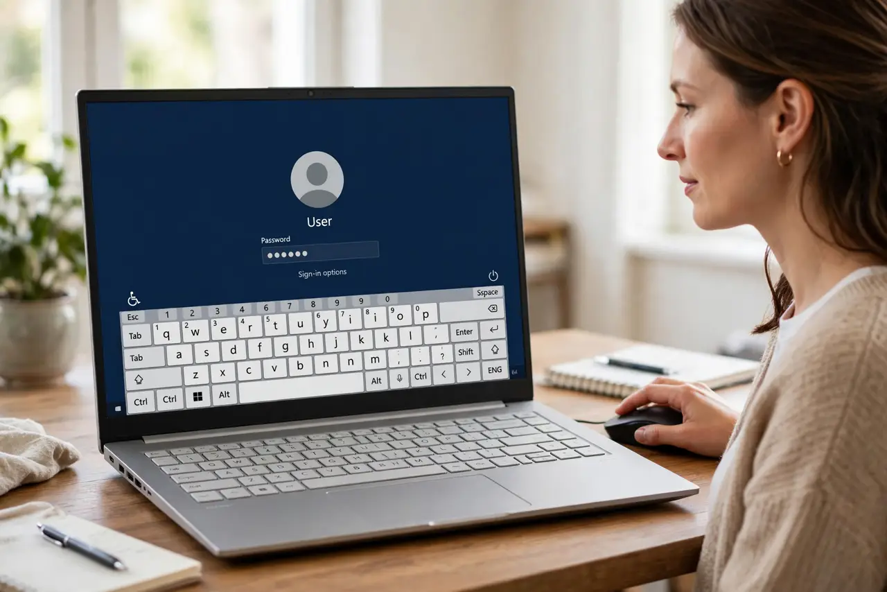 A calm woman using a mouse with a Windows laptop showing the login screen and on-screen keyboard.