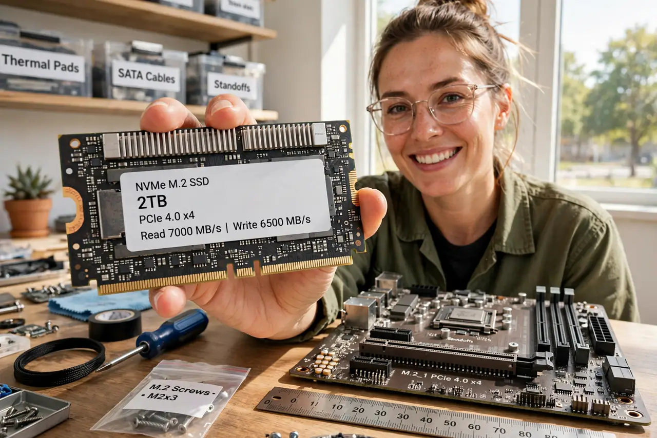 a person holding a real M.2 SSD next to a real motherboard M.2 slot, a small ruler showing the drive length, the person's face enlightened, bright workspace. No black screen, no bl.