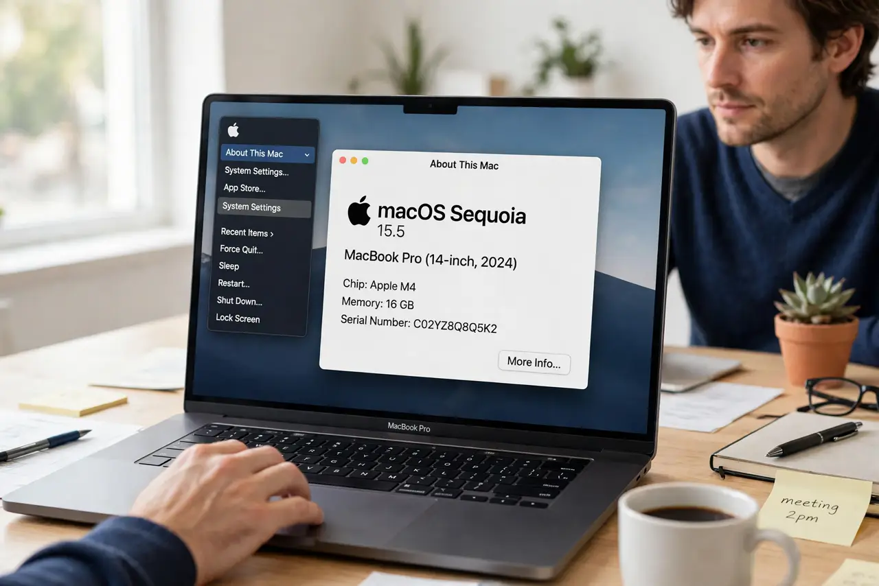 A person performing the first step: Open About This Mac. Click the Apple logo in the top-left corner, then About This.