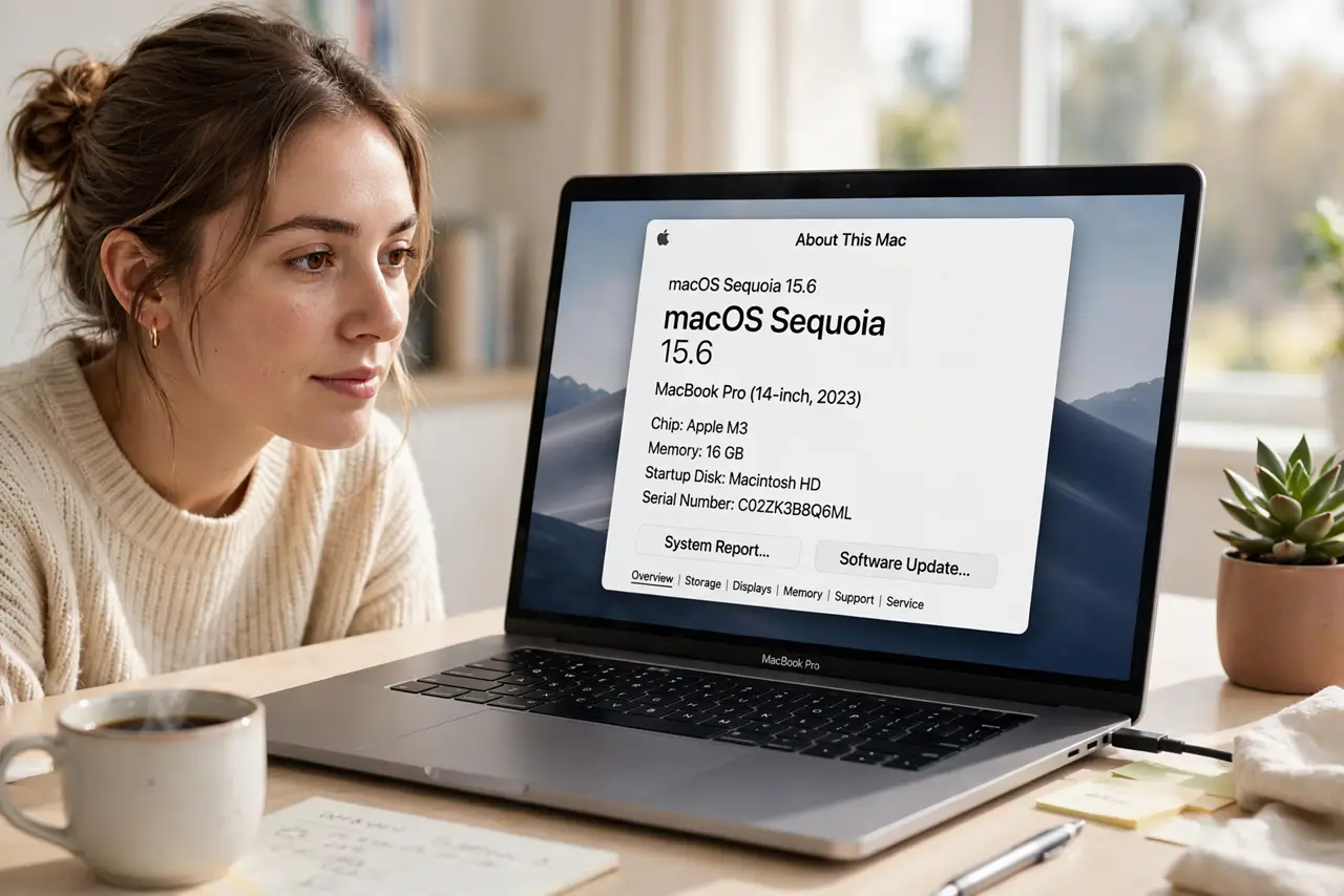 A calm person looking at the About This Mac window on a real Mac with legible system information on screen, the