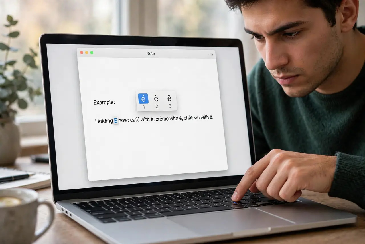 A person holding down the letter E on a real MacBook keyboard, the accent popup showing é è ê fully legible above the cursor on screen, the person's face focused.