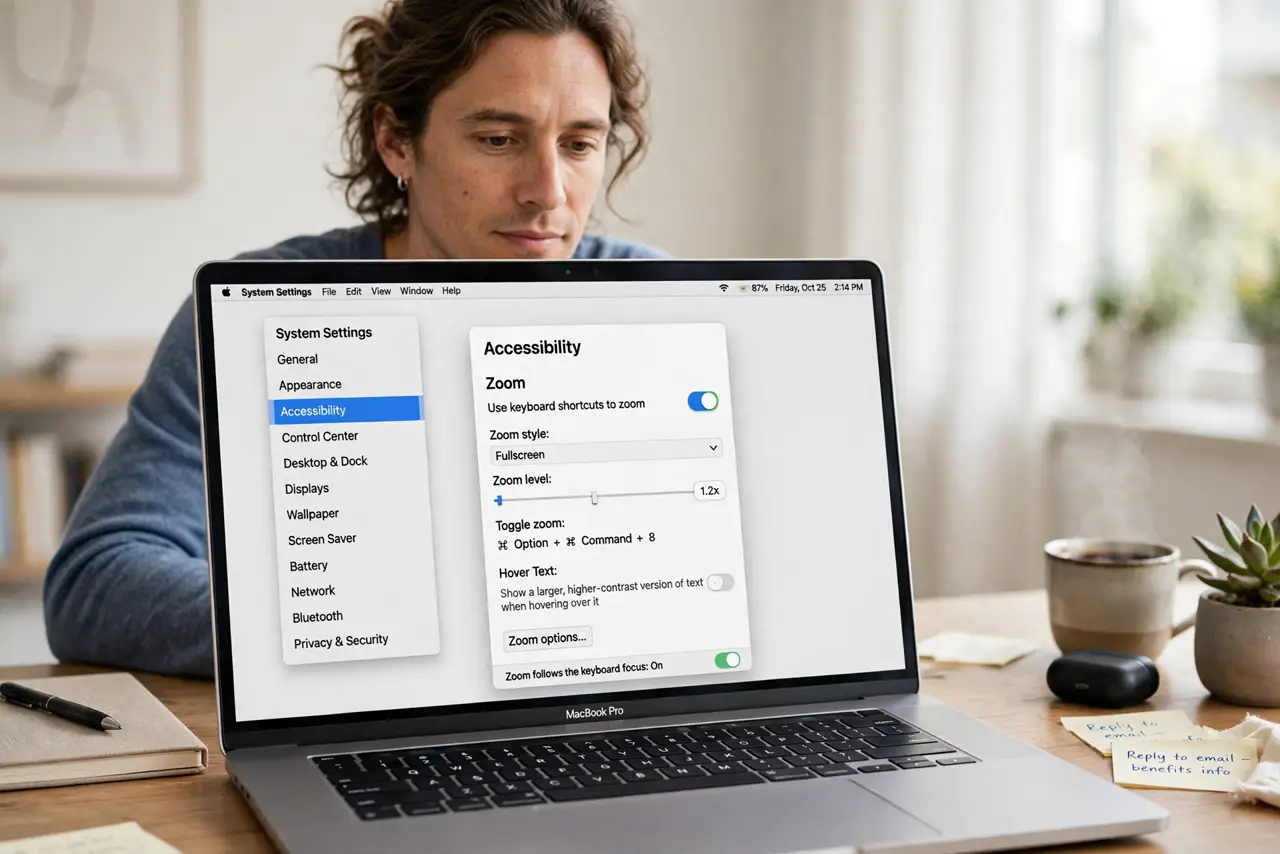 a calm adult at a desk with a real Mac laptop open, Accessibility Zoom settings visible on the real screen complete and legible, the person viewing the full desktop calmly.