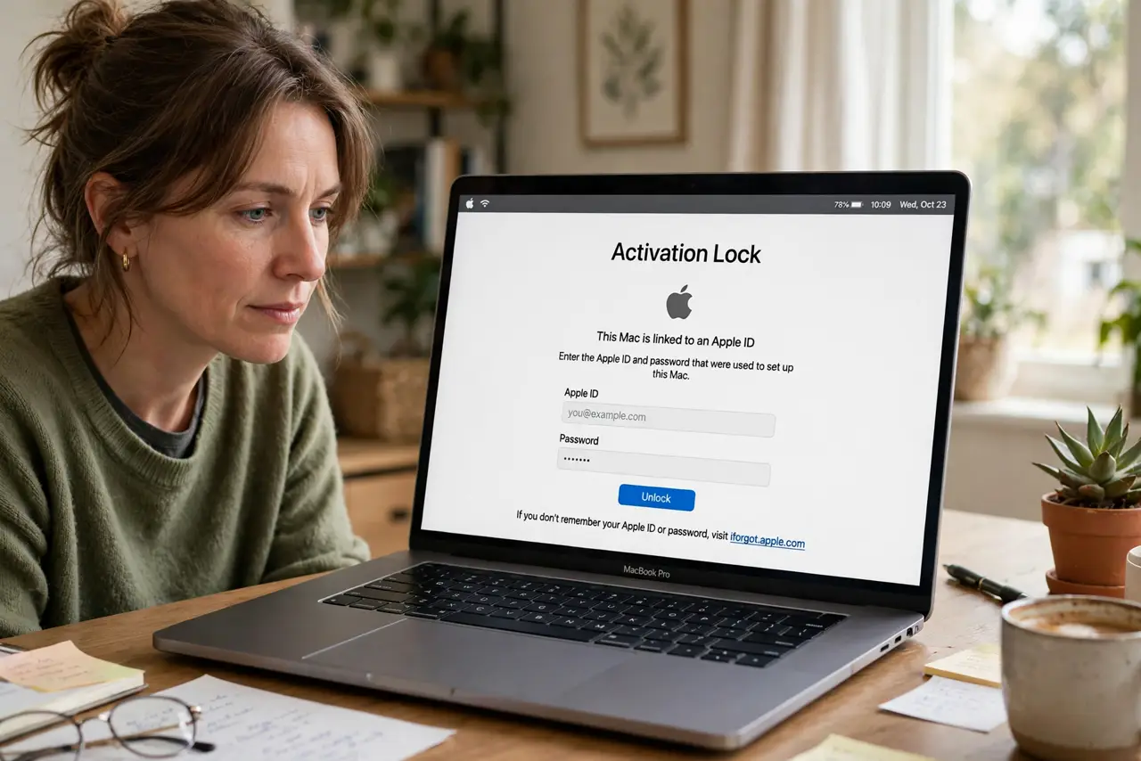 a person viewing the Activation Lock screen on a real Mac showing a legible Apple ID prompt, the person's face understanding, home office.