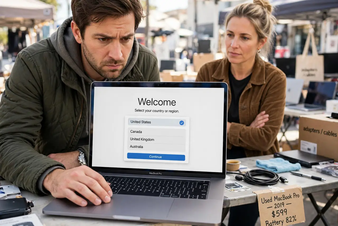 A person inspecting a used MacBook at a sale, the laptop screen showing the initial setup welcome screen with no lock