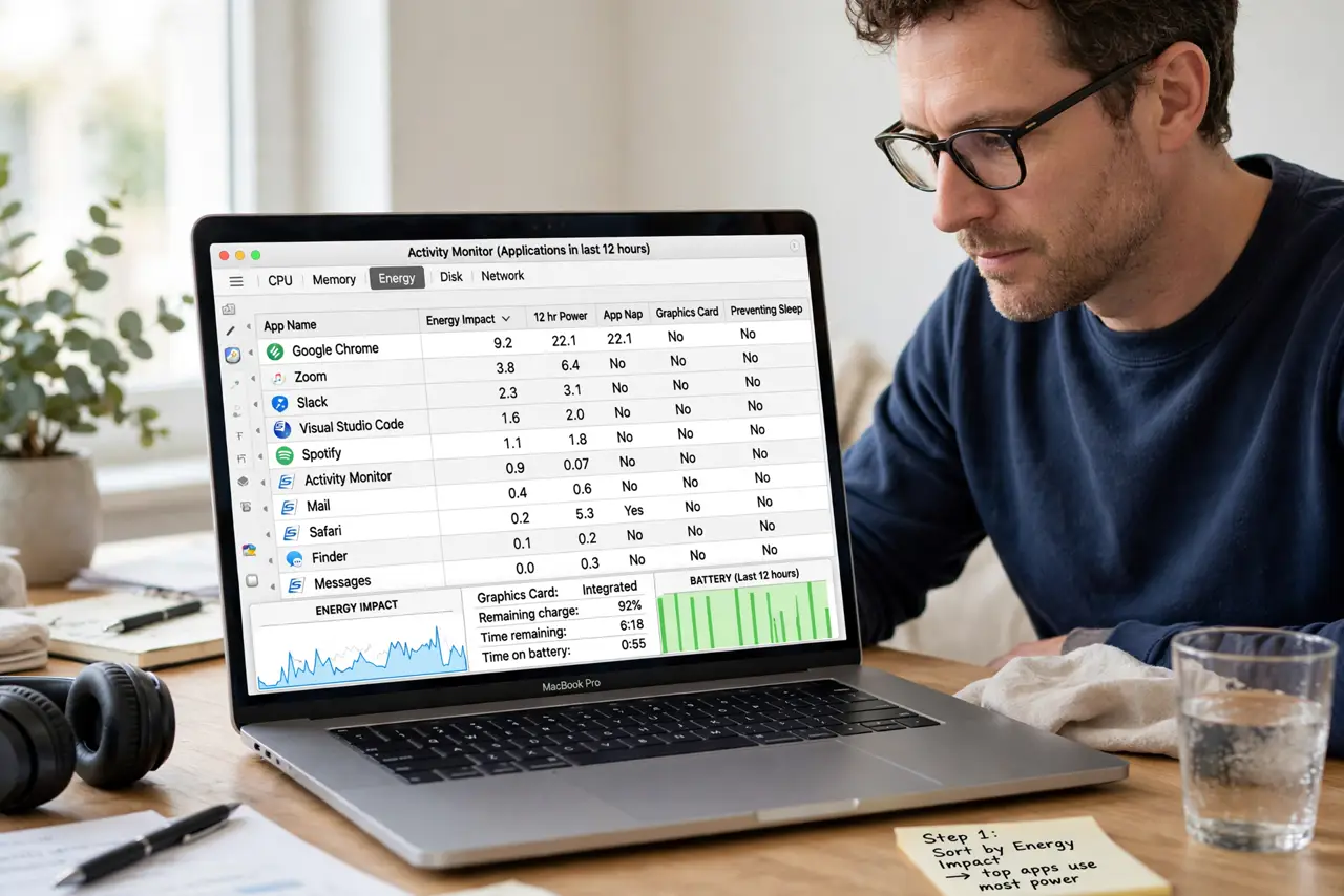 Reading the Mac Energy Tab Without Panic — step 1 being performed on the device.