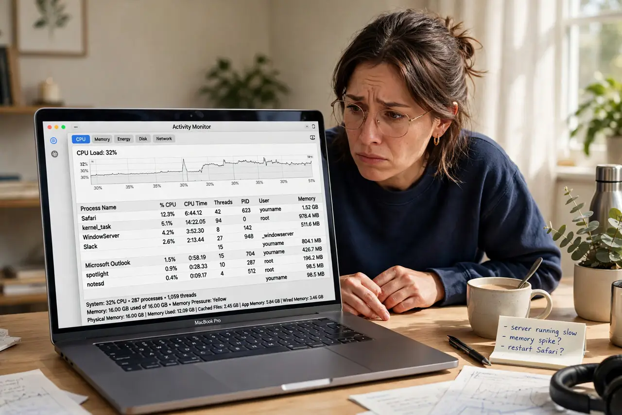 a person at a real Mac, the screen showing Activity Monitor with legible CPU and memory columns, the person's face focused and slightly concerned, home office.